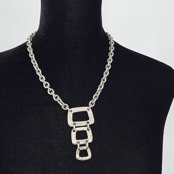Silvertone Unisex Cable Chain Hammered Geo Drop Pendant Adjustable Necklace‎ OS - Picture 1 of 4